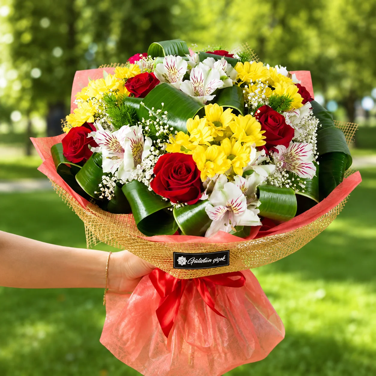 5 Rosen und Chrysanthemenstrauß