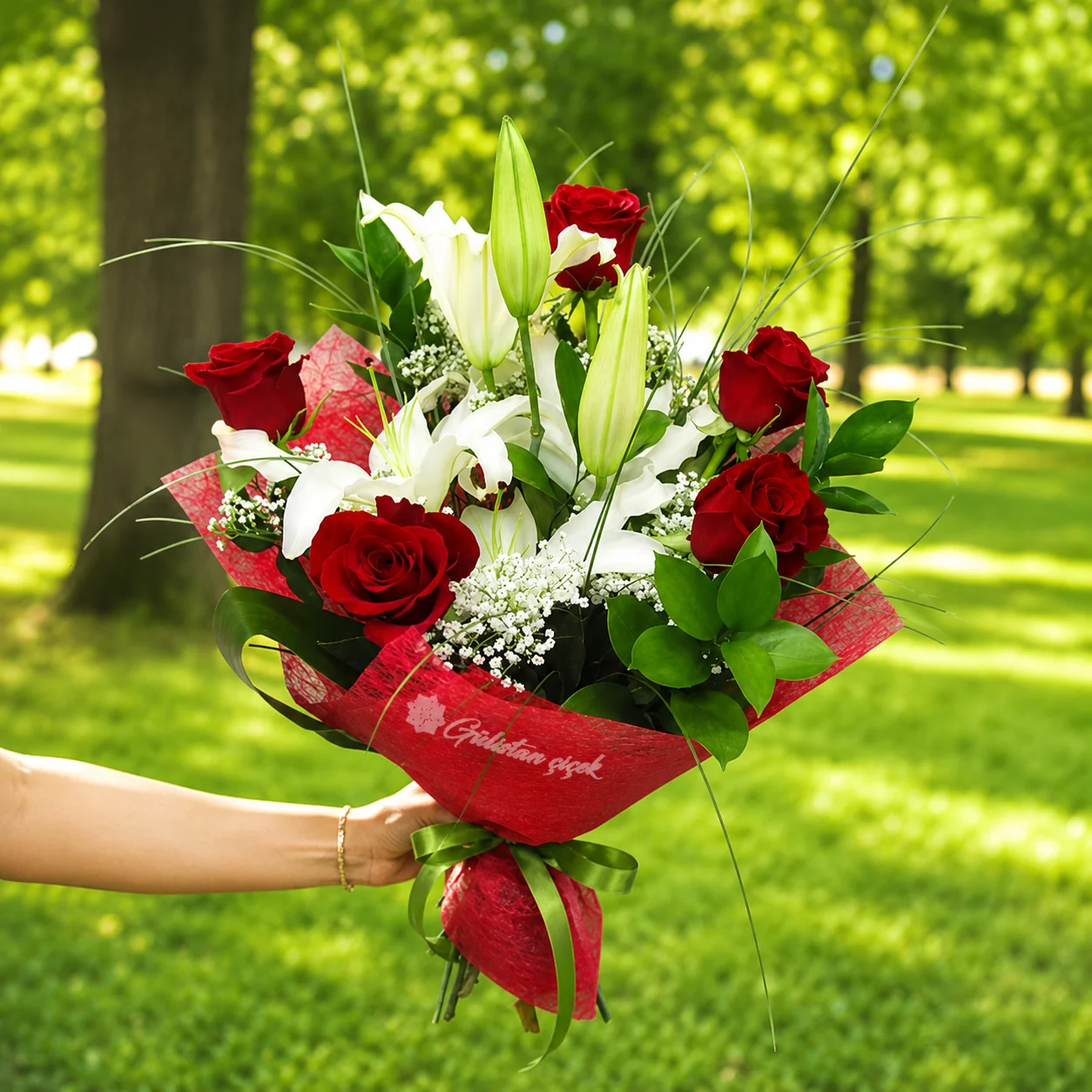 5 rote Rosen und weiße Lilie